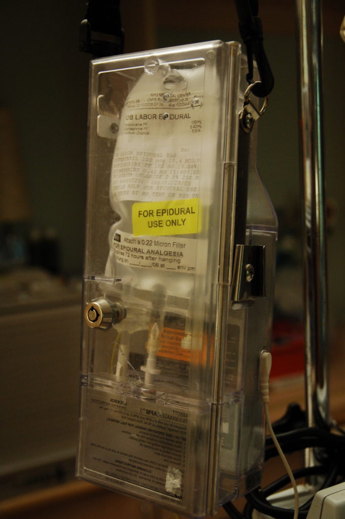 Epidural anaesthetic in lockbox with warning sticker, "For epidural use only"