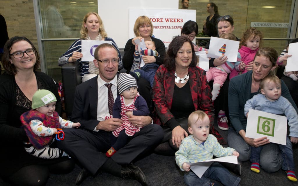 Labour leader Andrew Little and MP Sue Moroney, mixing with supporters of the new paid parental leave bill, Parliament, Wellington. 26 August 2015. New Zealand Herald Photograph by Mark Mitchell