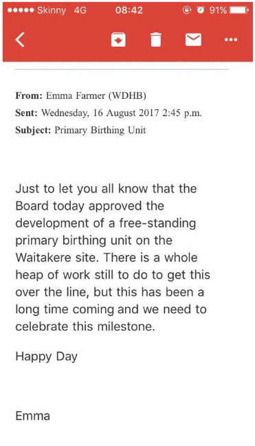 Email from Waitemata DHB confirming approval of development of a free-standing primary birth unit